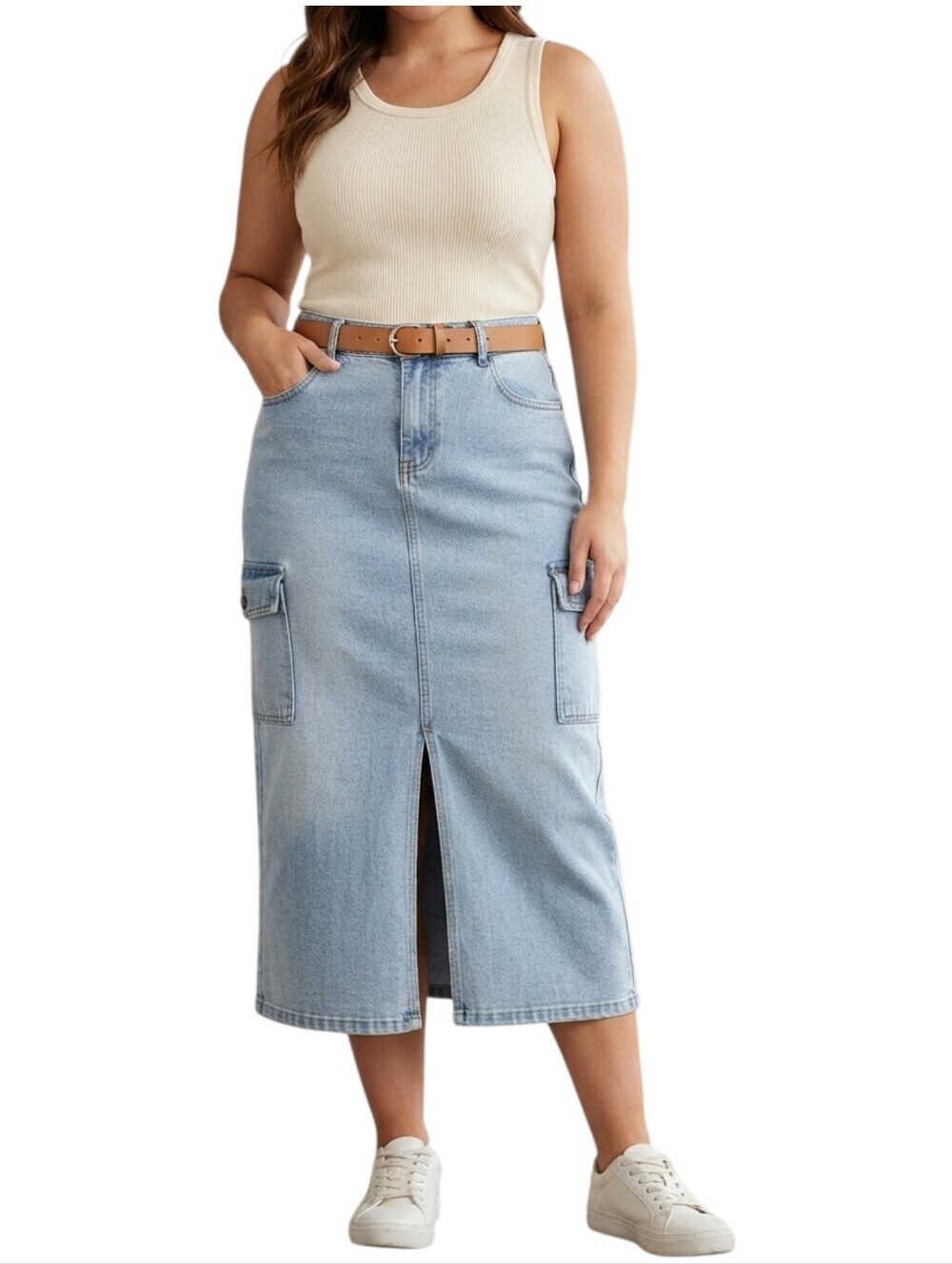 Esqualo Jeans Light Wash Long Blue Cargo Denim Skirt Size 12